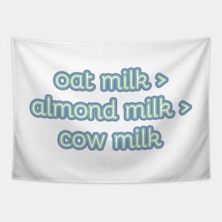 Funny sticker phrase: Oat Milk > (is greater than) almond milk > (is greater than) cow milk Tapestry