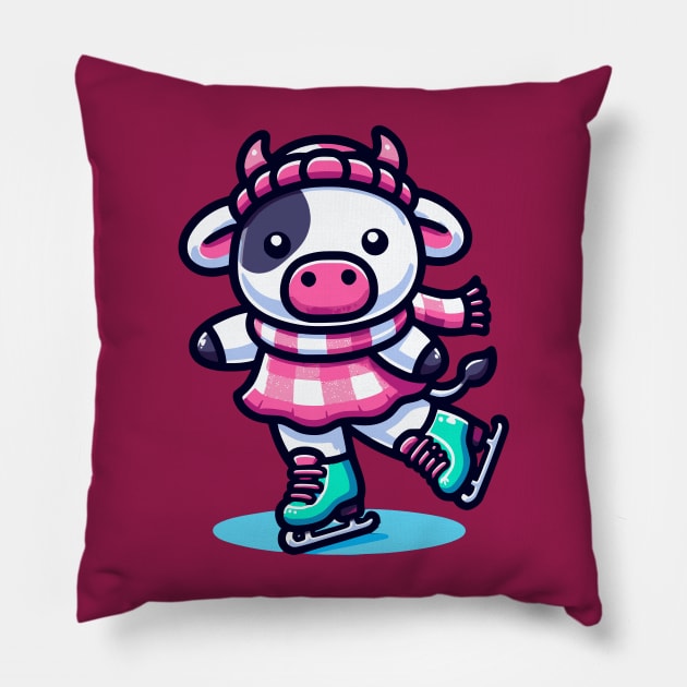 Ice Skating Cow Kawaii Style Pillow by Mey Designs