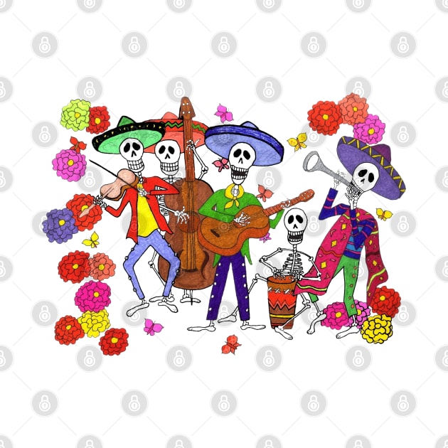 Skeleton Mexican Mariachi Band Guitar, Fiddle, Bass, Drums, Horn by Kathy Braceland Art