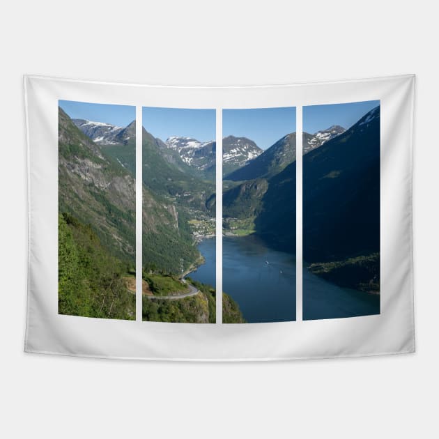 Wonderful landscapes in Norway. Vestland. Beautiful scenery of Geiranger Fjord from the Ornesvingen viewpoint. Cruise ship, winding roads, waterfall and stream Tapestry by fabbroni-art