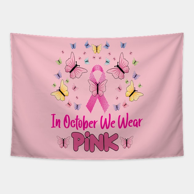 In October We Wear Pink Retro Groovy Vintage Breast Cancer Tapestry by Flowes