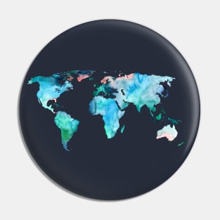 World Map in Indigo, Teal and Blush Pink Pin