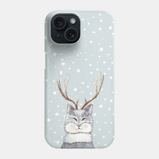 Cat with stag horns under the snowflakes Phone Case