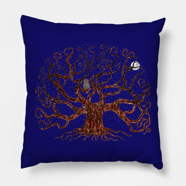 Yggdrasill - Tree of Life - Owl - Stars - Moon Pillow by Vasile Luciu