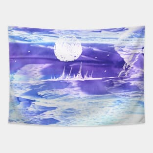 Landscape, moon, full moon, night. Hand drawn color illustration, painting, encaustic, wax. Tapestry