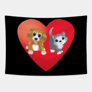 Dog and Cat on Heart Tapestry