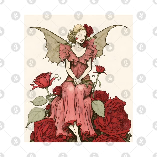 Rose Fairy Sitting Amid Rose Flowers Vintage Style by designs4days