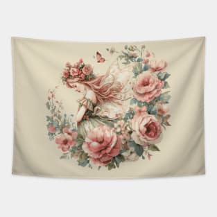 Vintage Cottagecore Fairy with Flowers Tapestry