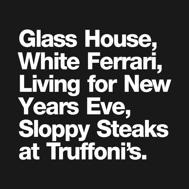 Glass house white ferrari living for new years eve sloppy steaks at Truffoni's by Teen Chic