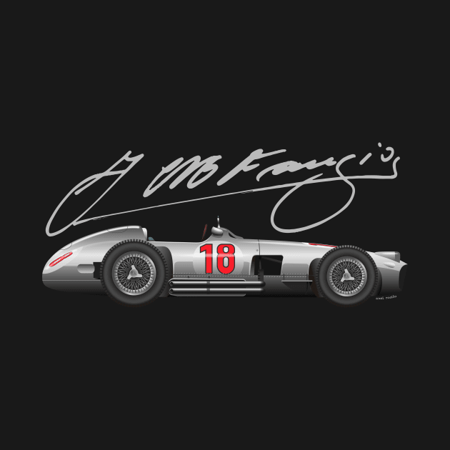 Juan Manuel Fangio W196 illustration with signature by Burro Wheel