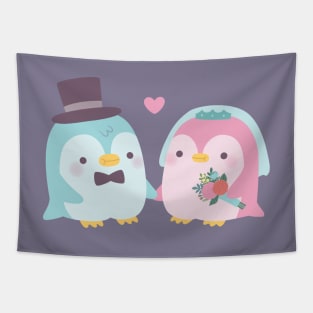 Cute Wedding Couple Penguin Groom and Bride Tapestry