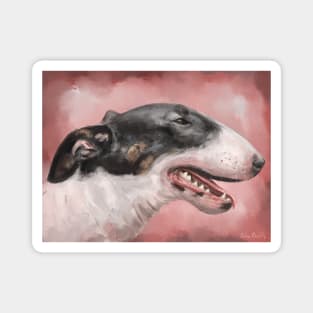 A Painting of a Black and White Bull Terrier on Pink Background Magnet