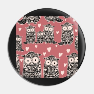 Folk Art Owls, Owlets and Hearts on Rose Pink Pin