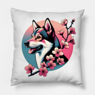 Swedish Vallhund Enjoys Spring Cherry Blossoms Pillow