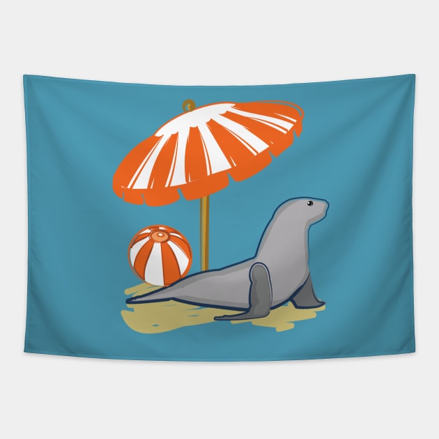 Sea Lion on the Beach Tapestry by evisionarts