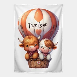 Valentine Highland Cow Couple On Hot Air Balloon Tapestry