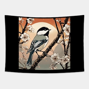 Cute Chickadee Birding in Japanese Vintage Art Tapestry