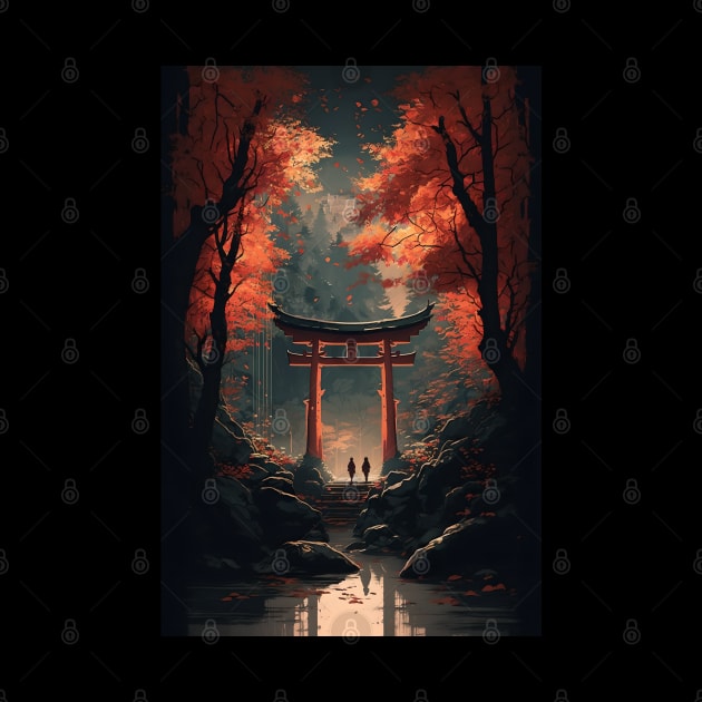 Magical Torii Gate in Autumn Japanese Forest - Aesthetic Anime and Manga-inspired Design by cocorf