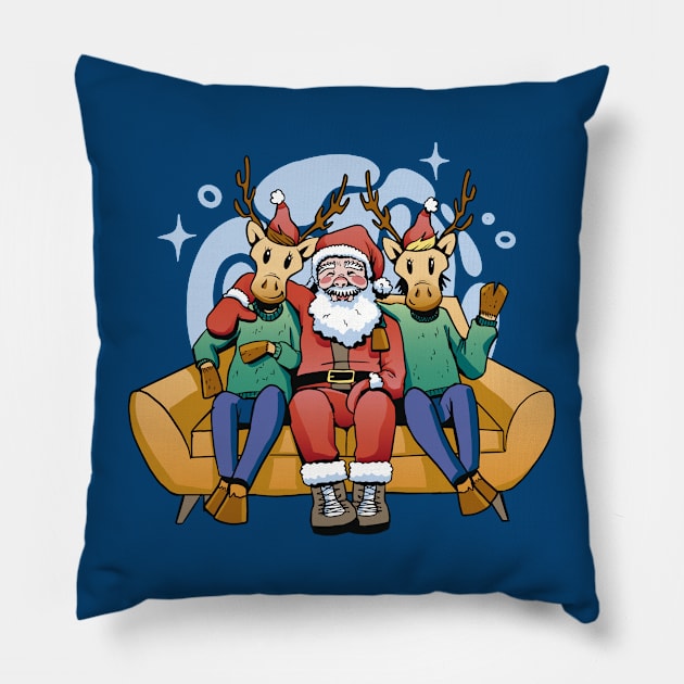 Funny Cartoon Santa Claus & Reindeer on the Couch Pillow by SLAG_Creative