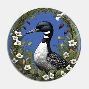 Common Loon Surrounded By Lady's Slipper Flowers 2 Pin