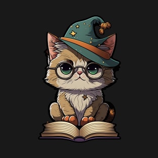 Magical Cat with a Spellbook - Adorable Magic Cat Cartoon T-Shirt