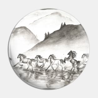 horses galloping across the water monochrome black and white watercolor painting Pin