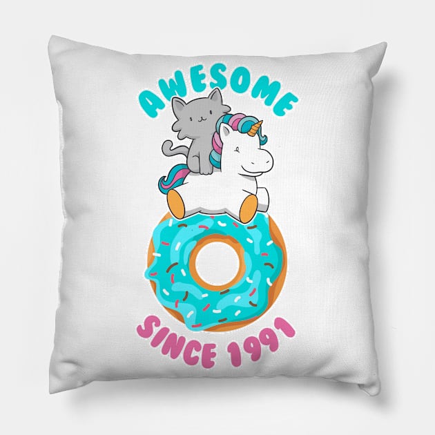 Donut Kitten Unicorn Awesome since 1991 Pillow by cecatto1994