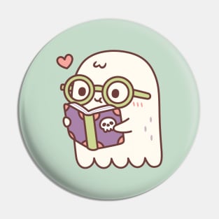 Cute Ghost Reading A Book With A Skull Pin