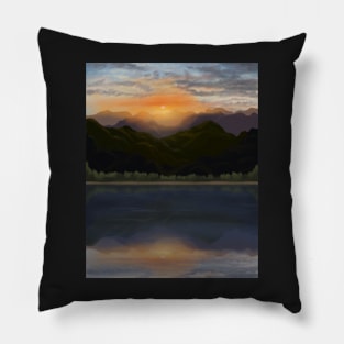 Radiant Mountain sunset by a lake with reflections Pillow