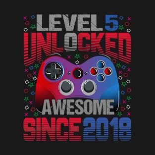 Level 5 Unlocked Awesome Since 2018 5th Birthday Gaming T-Shirt
