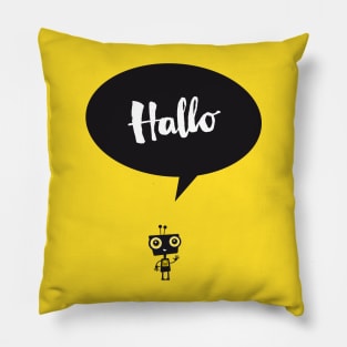 Little robot with speech bubble and typography Pillow