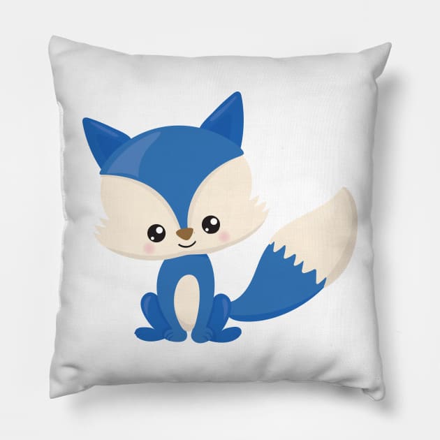 Cute Fox, Little Fox, Blue Fox, Kawaii Fox, Animal Pillow by Jelena Dunčević