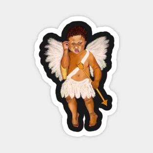 Cupid often wondered whether.... baby angel holding an arrow - In a contemplative pose with curly Afro Hair and gold arrow Magnet