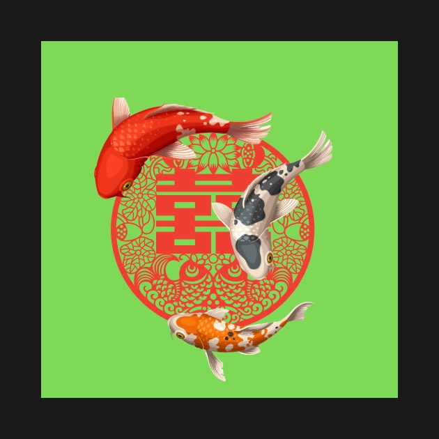 Double Happiness Koi Fish Lime Green with Red Symbol - Hong Kong Retro by CRAFTY BITCH