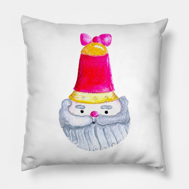 Cute Santa Bell Christmas Ornament Illustration - Watercolor Pillow by Neginmf