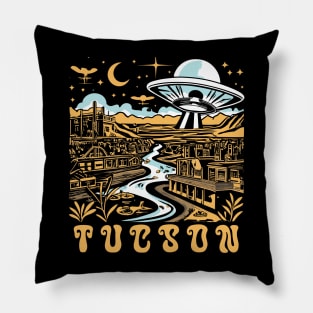 Tucson Arizona Vintage UFO Desert Town Illustration - Retro Extraterrestrial Art Pillow