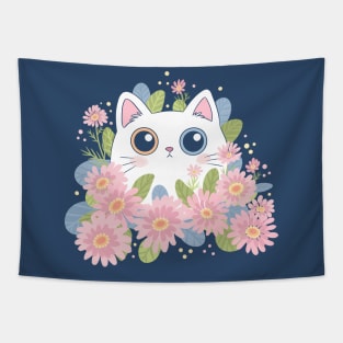 Cute white cat surrounded by pink flowers art Tapestry