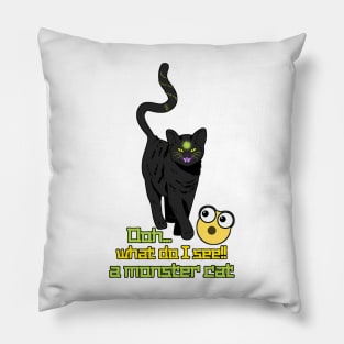 a mix between evil and funny, black cat with phrase and emoji Pillow