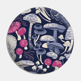 Mystical fungi // midnight blue background ivory pale blue and dark pink wild mushrooms Pin