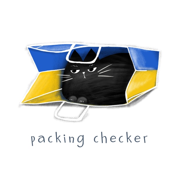 Cartoon black cat in the package and the inscription "Packing Checker". by MakitsuNeko