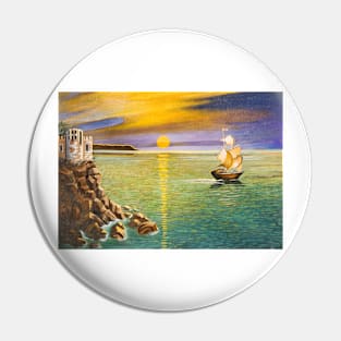 Seascape with ship and castle Pin