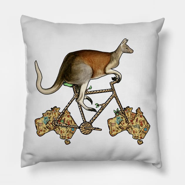 Australian Kangaroo Biker, Australian Kangaroo Riding Bicycle, Funny Map of Australian, Animal Lover Aussie Cyclist Kangaroo Humor for Cycling Lovers Australians, Retro Vintage Aesthetic Kangaroo Pun Pillow by BicycleStuff