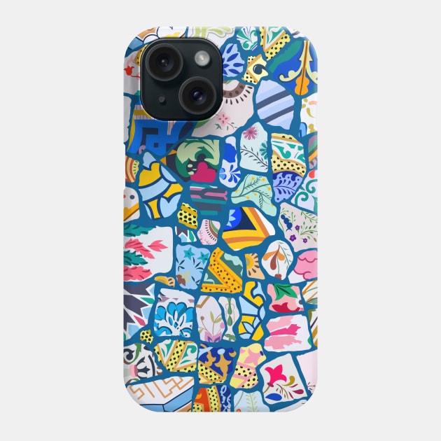 Antoni Gaudi Multi Pattern Print Design with Peacock Blue Background T-Shirt Phone Case by SemDesigns