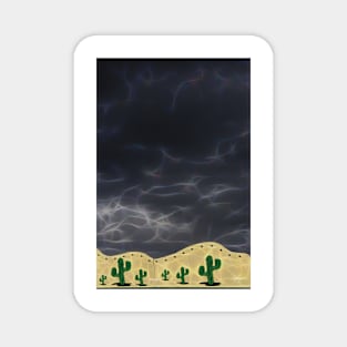 very black rain filled sky with a few stylized cactus plants Magnet