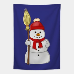 Cartoon style drawing of a funny snowman with a red bonnet and scarf Tapestry