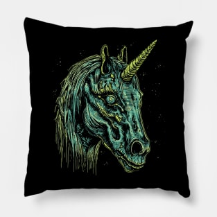 Vintage Zombie Unicorn Head Illustration - Macabre Fantasy Art Pillow
