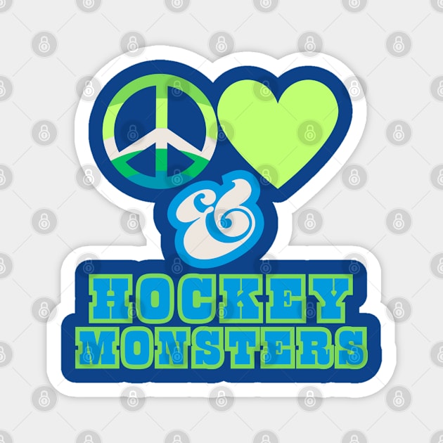 Peace, Love & Hockey Monsters  - Pacific Northwest  Retro Pop Electric Green Style Magnet by SwagOMart