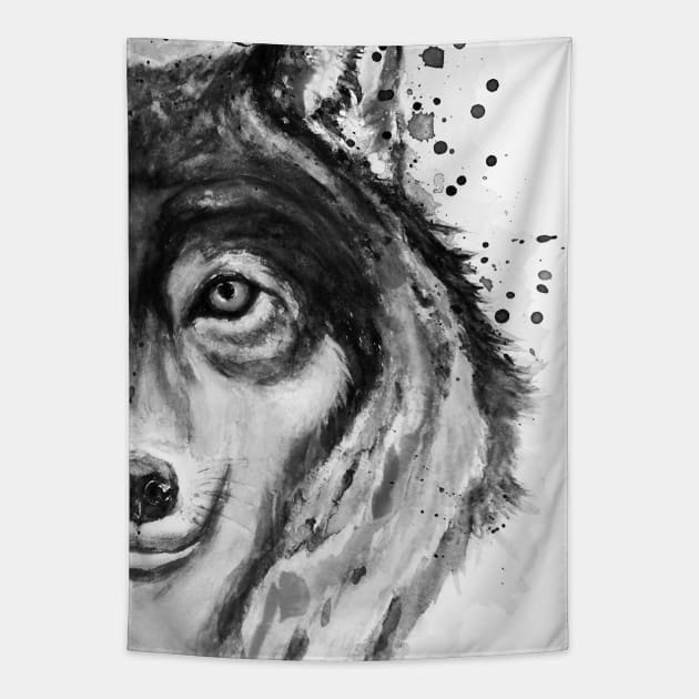 Half-Faced Wolf Close-up Tapestry by Marian Voicu