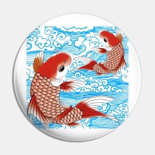 Red Koi fish and blue waves Japanese style pattern Pin