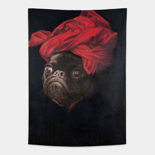 Portrait of a Black Pug in a Red Turban Tapestry by luigitarini